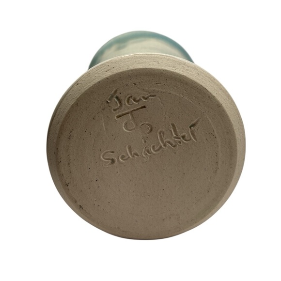 Jan Schachter organic ceramic pottery Vase w/blue&green earth drip Cream Glaze - Picture 5 of 6